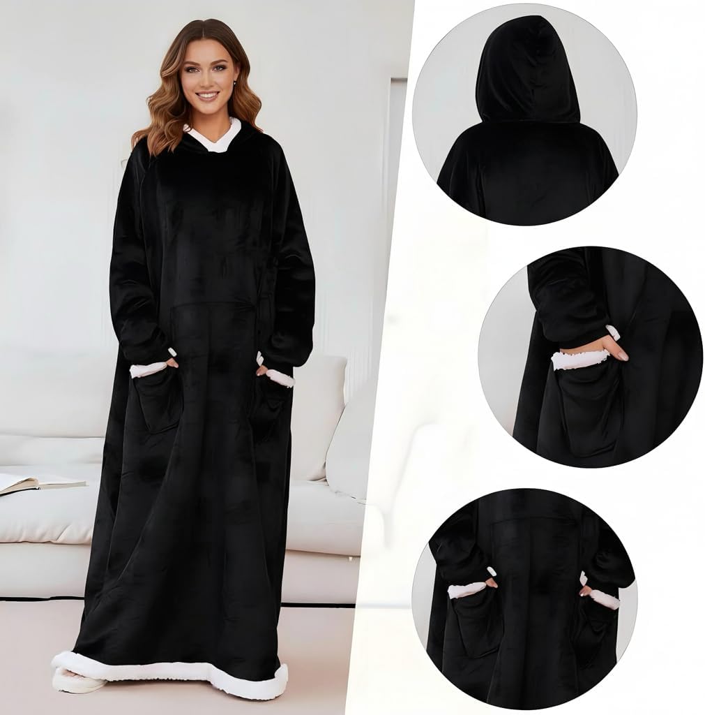 5FT Oversized Wearable Blanket Hoodie Flannel Sherpa Fleece Warm Cozy Christmas Wrap Throw Gifts for Adult
