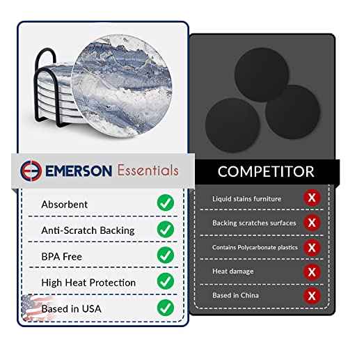 Emerson Essentials Coasters For Drinks Absorbent With Holder, Set Of 6, Cork Bottom Ceramic Stone Marble Style For Wooden Coffee Bar Tables, Glass Tabletop Non Slip, Natural Stone #TOP6