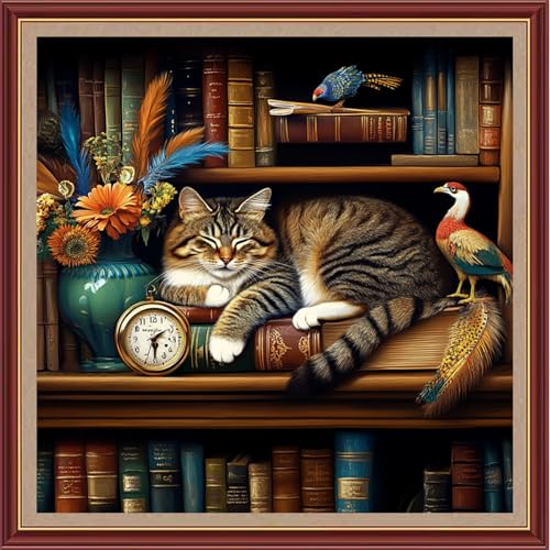 Image of Dooxvey Cross Stitch Kits for Adults Beginners,Full Range of Cross-Stitch Stamped Kits Needlepoint Kits for Beginners Embroidery Kits 11CT Cross Stitch Patterns-Bookshelf Sleeping Cat 18x18 inch