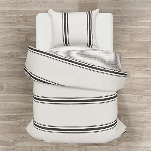 Image of Lush Decor Farmhouse Stripe Reversible Cotton Duvet Cover Twin XL Size 2 Piece Set Black - Twin XL Bedding Set - Striped Duvet Cover - Dorm Essentials