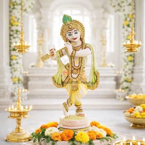 Image of Handicrafts Paradise Culture Marble Hand Painted Krishna Intricately Carved Showpiece for Home Decor and Puja - 6 inch