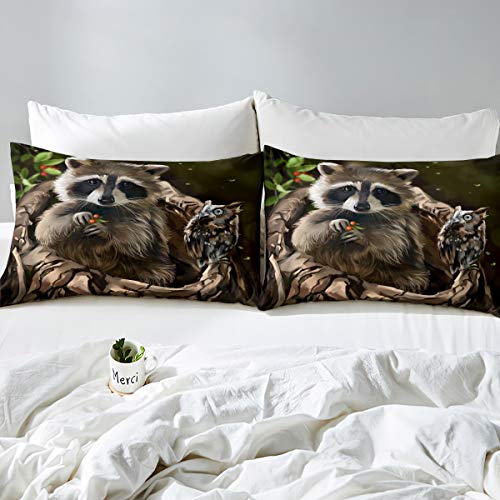 Feelyou Raccoon Duvet Cover Cute Animal Theme Bedding Set Owl Pattern Comforter Cover For Boys Girls Kids Room Decor Wildlife Style Bedspread Cover Nature Twin Size With 1 Pillow Case #TOP1