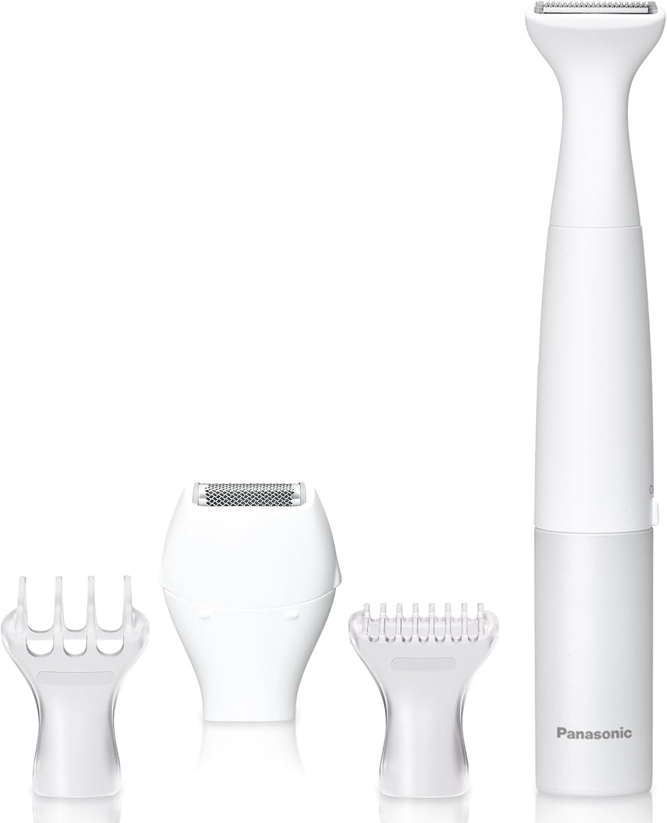 Panasonic Bikini Trimmer for Women and Shaver for Women with 4 Attachments for Fast Gentle Personal Grooming in Intimate Areas, Wet/Dry Electric Razor, Battery-Operated – ES-WV62-H (White/Silver)