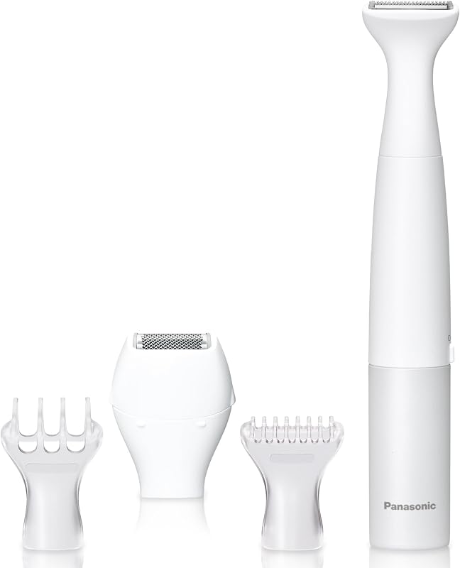 Panasonic Bikini Trimmer for Women and Shaver for Women with 4 Attachments for Fast Gentle Personal Grooming in Intimate Areas, Wet/Dry Electric Razor, Battery-Operated – ES-WV62-H (White/Silver)