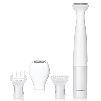 Panasonic Bikini Trimmer and Shaver for Women with 4 Attachments for Fast Easy Gentle Grooming in Intimate Areas, Use Wet/Dry, Electric Razor, Battery-Operated – ES-WV62-H (White/Silver)