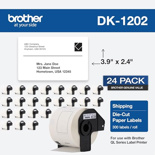 Image of Brother Genuine DK-120224PK Die-Cut Shipping Paper Labels, 2-7 /16 inch x 3-15 /16 inch, White, 300 Labels Per Roll, Box of 24 Rolls