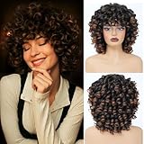 HILYBAE Short Curly Wig Full Culry WIgs for Black Women Afro Curly Wig With Bangs Synthetic Hair Replacement Wigs For Women Fluffy Natural And Soft Black Wig Cosplay and Daily (Ombre Brown)
