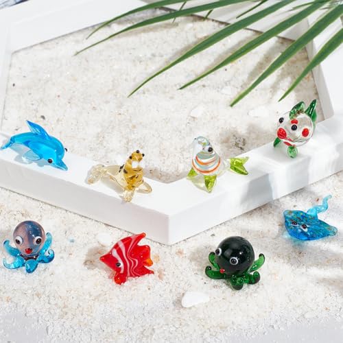 Image of NBEADS 8 Pcs Sea Life Glass Figurines, Mini Marine Figurines Glass Miniature Manta Ray /Butterflyfish /Walrus /Dolphin /Octopus /Fish Handmade Colorful Lampwork Animal Figure for Fish Tank Decor Ornaments
