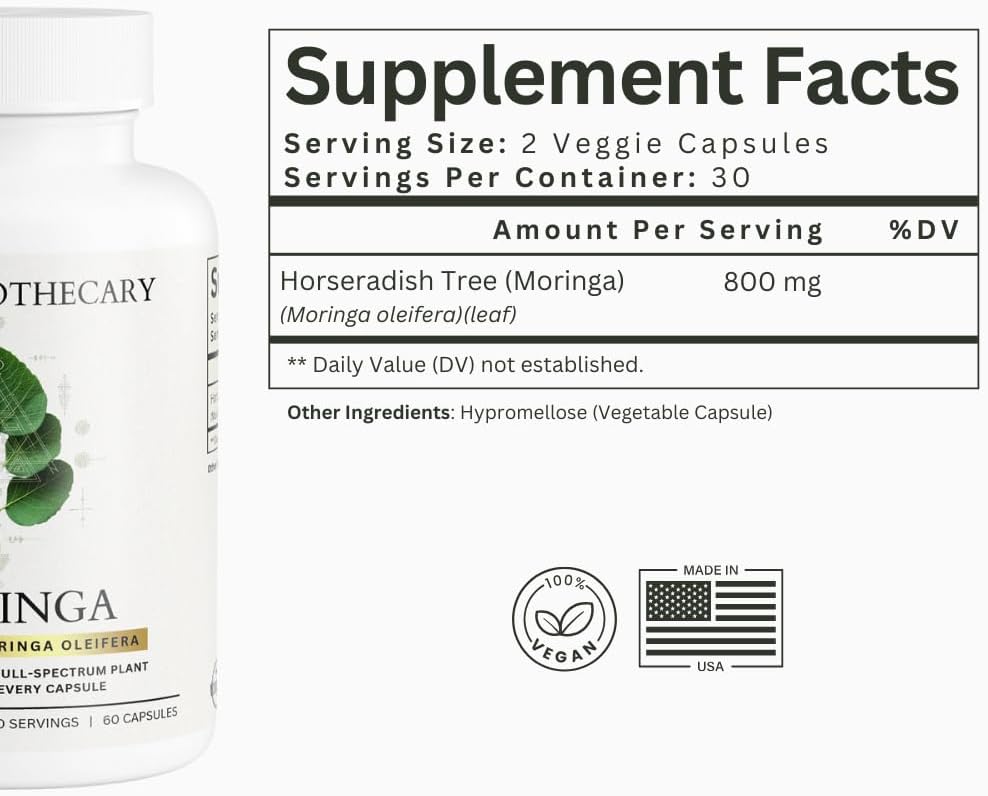 Moringa Oleifera Capsules 800mg - Pure Leaf Powder Superfood with Antioxidants Vitamins Minerals Amino Acids - Energy Immune Support Green Supplement for Men Women - Vegan Non-GMO - 60 Count