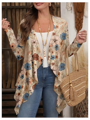 OYOANGLE Women's Plus Size Boho Floral Print Long Sleeve Open Front Kimono Lightweight Asymmetrical Cardigan4