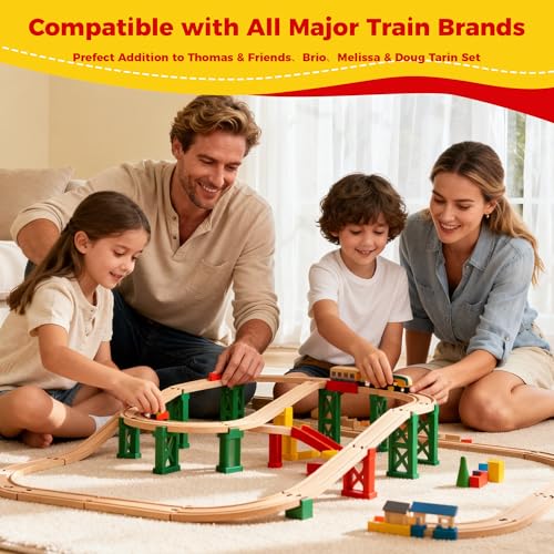 Image of Wooden Train Tracks 24 Pieces Set, Track Expansion Pack with Storage Bag - Includes Male /Female Adapters - 100% Compatible with All Major Brands Including Thomas, Brio, Melissa & Doug