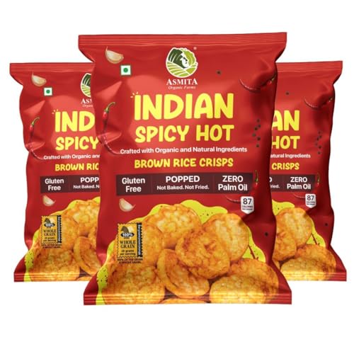 Image of Asmita Organic Farms Brown Rice Popped Crisps (55g, Pack of 3) | Not Baked, Not Fried | Low Fat, High Fiber, with Foxtail Millet | Healthy, Low-Calorie, Popped Snack | Indian Spicy Hot Flavor, Guilt-Free Snack Option