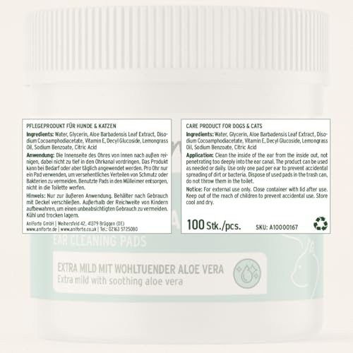 AniForte Ohren Reinigungspads für Hunde & Katzen 100 Stück – Besonders weiche & milde Reinigungstücher für die Ohrenhygiene, sanfter Ohrenreiniger zur Pflege & Reinigung