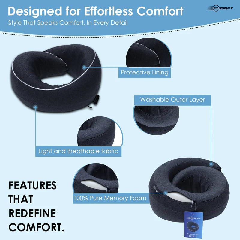 Image of Neodrift 'TravelNeck 360' (Set of 1) | (Color - Black) Travel Neck Pillow with Memory Foam Head Support for Airplane, Car, Train, Bus, and Home Use Ultimate Comfort Velvet Cushion Travel Pillow