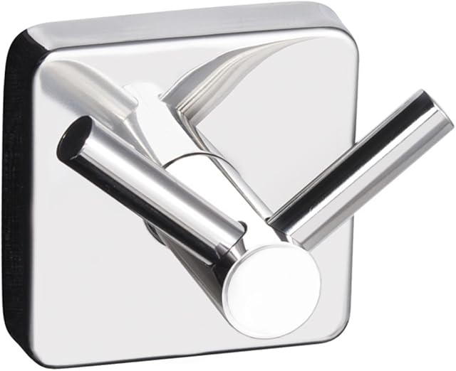 Kapitan Quattro Double Robe and Towel Hook, Square Style, 3M Self Adhesive Wall Mounted, Stainless Steel 18/10, Polished Finish, Made in EU