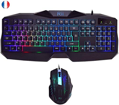 Clavier Rii/Ovegna RK400: Ensemble Clavier Gamer Professionnel, rétroéclairé 7 Couleurs (AZERTY) Filaire avec Souris à 3DPI Ergonomique pour Windows, Android, Linux