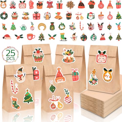 Sacchetti di Carta per Natale, 25 Pezzi Sacchetti Regalo Natalizi, Sacchetti per Regali per il Natale Fai da Te, Sacchetto di Carta Kraft con 50 Fogli di Adesivi con Elementi Natalizi