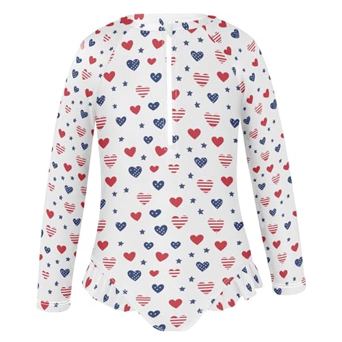July 4th Independence Day Heart Girls Long Sleeve Rashguard Swimsuit UV Protection One-Piece Swimwear B04045902