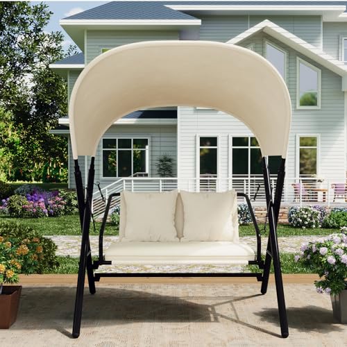 Image of AECOJOY Outdoor Porch Swings for Adults 600LBS 2 Seat Patio Swings with Canopy Stand Thick Cushion Pillows Metal Steel Frame Patio Swing Chair for Garden Yard Deck Poolside Easy Assembly