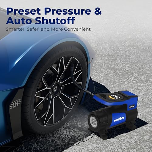 Image of Woscher BoltAir Digital Tyre Inflator for Car and Bike | 12V DC Fast Inflation 150 psi | Strong Metal Body with Emergency LED Light,Heavy Duty Zipper Bag