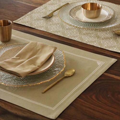 Image of THE YARD HOUSE Placemats - Reversible & Wipeable Cotton Placemats (Dholpur Beige, Set of 4)