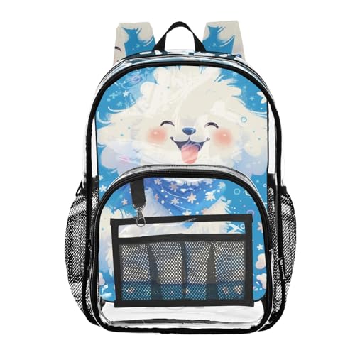 Cartoon Cute White Dog Clear Backpacks Clear Book Bag For Boys See Through Heavy Duty Bag