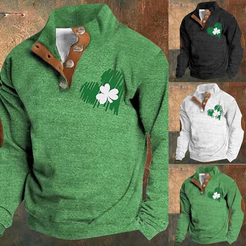 Mens St Patricks Day Sweatshirt Retro Shamrock Flag Print Stand Collar Long Sleeve Shirt Pullover Clothes3