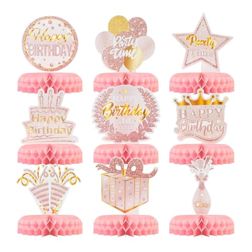 Bubaxuce 9 Piezas Decoraciones De Mesa De Cumpleaños, Centros De Mesa En Panal De Miel Rosa Oro, Adornos para Fiesta Feliz Cumpleaños para Mujeres Y Niñas.