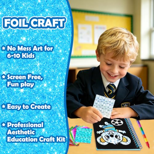 Image of FUNNYB&G Foil Art Craft Kit for Boys 4-10 Years Old: Mess-Free & No-Glue, Create 16 Happy Back to School Pictures - Perfect Travel Toy & Birthday Gift for Kids (Happy Back to School)