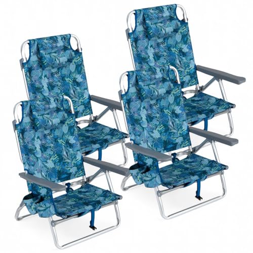 Image of Giantex Folding Beach Chair, Patio Sling Chairs with 5 Adjustable Position, Head Pillow, Storage Bag, Towel Bar, Cup Holders, Backpack Chairs for Sunbathing, Camping Chair