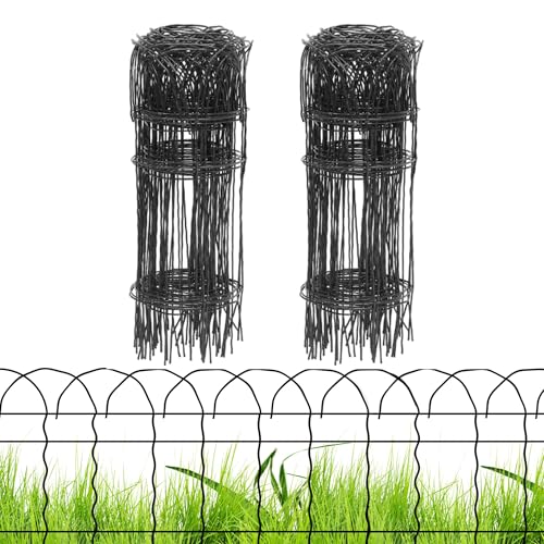 PROWORX 2 Rolls Black Garden Fence Border, 14 in x 40 ft Metal Folding Fence Wire Roll Garden Border Edging, Garden Fence Roll Flower Bed Fencing for Outdoor Yard