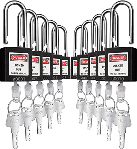 SAFBY 10-Pack Keyed Different Lockout Tagout Padlocks - LOTO Safety Locks With Numbered Keys (Red)