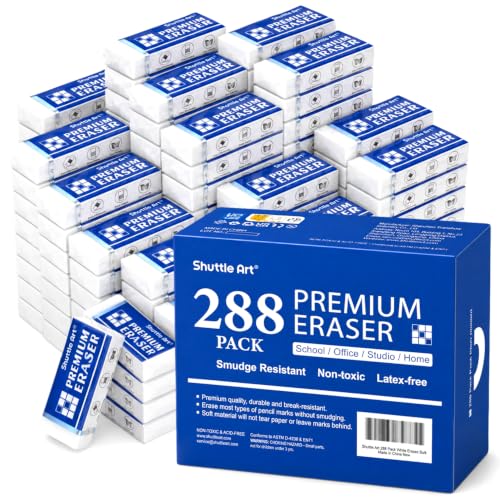 Image of Erasers, Shuttle Art 288 Pack Premium Erasers Bulk, White Eraser Classroom Set for Kids Teachers as School and Office Supplies