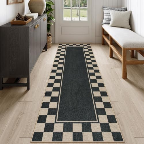 Moynesa Easy Jute 2'6"x8' Runner Rug, Black Indoor Outdoor Checkered Runner