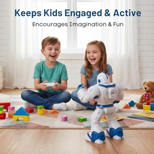 Image of Lilplay Robot with 5 Shooting Bullets, Blue | Colorful Lights & Music | All Direction Movement | Action Figure Toy | Robot with AI Eyes | Battery Operated Toy Figure