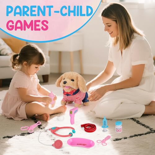 Image of Toddler Toy 10 Pcs Interactive Retriever Robot Dog Toy - Walking & Stuffed Puppy with Stethoscope for Vet Role Play, Educational Toddler Gifts for 3 Year Old Girl