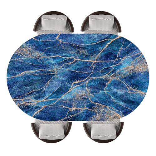Oval Elastic Edge Tablecloth with Marble Texture Background, Oval Shape with Elastic Polyester Fabric, Water-Resistant Decorative Cover, Party Setup, Home Decor, Fits 52"x70" Oval Tables, Stay-129