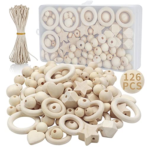 packra 126 Stück Holzperlen Makramee Set, DIY Holzringe zum Basteln, Holzkugeln mit Loch Kit Enthält 110 Holzperlen Natur, 15 Holzringe Makramee Zubehör