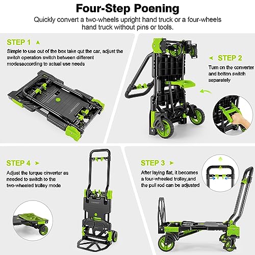 Image of Heavy Duty 330lbs Folding Hand Truck, 2 in 1 Alu Foldable Dolly, Green | Portable Folding Hand Cart, Converts to 2 & 4 Wheel Platform Truck with 5 inch Solid Rubber Wheels, 3-Gear Handle for Moving