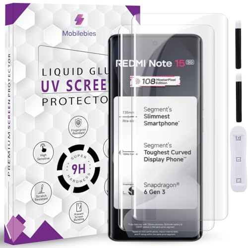 Image of Premium HD+ UV Tempered Glass Screen Protector For Redmi Note 15 5G (6.77 Inch, Pack of 2) Full Adhesive UV Curved Screen Protector Case Friendly HD Clarity with installation kit & Guide