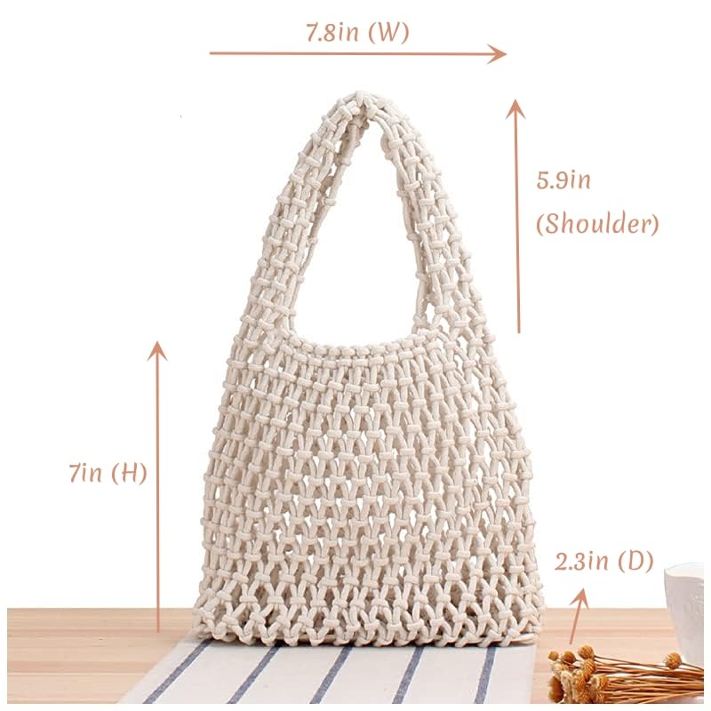 Image of Naimo Straw Beach Bag Woven Rattan Shoulder Bag Fishing Net Handbag Cotton Rope Tote Summer Crochet Hobo Bag
