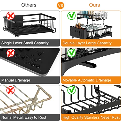 Qeweeq Dish Drying Rack With Drainboard Set, Kitchen Organization & Decor，Stainless Steel 2-Tier Dish Racks For Kitchen Counter,Gifts For Women & Men (Black) #TOP5