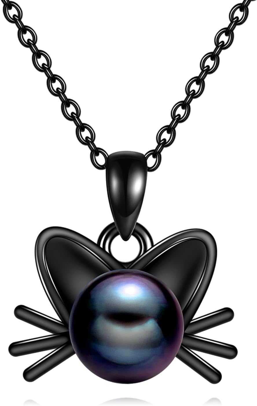 VONALA Black Pearl Necklace 925 Sterling Silver Cat Pendant Cute Animal Jewelry Gifts for Women