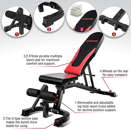 Vanswe Weight Bench, Adjustable Workout Bench Press 800Lbs Flat Incline Decline Utility Bench Sit Up Exercise Bench For Home Gym Strength Training Full Body Workout (Red) #TOP2