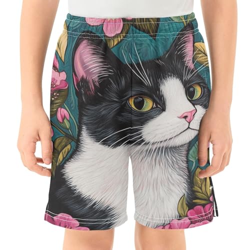DOMIKING Tuxedo Cat Floral Teal Kids Shorts Pull-on Boys Shorts with Elastic Waist Casual Athletic Pants for Playwear Outdoor2