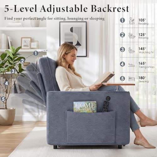 Image of Dreamzie 54'' Convertible Sleeper Sofa Bed with Swivel Side Table, Chenille Pull Out Couch for Living Room, Loveseat Sleeper Couch with Side Pocket | Charging Port | Cup Holder, Blue
