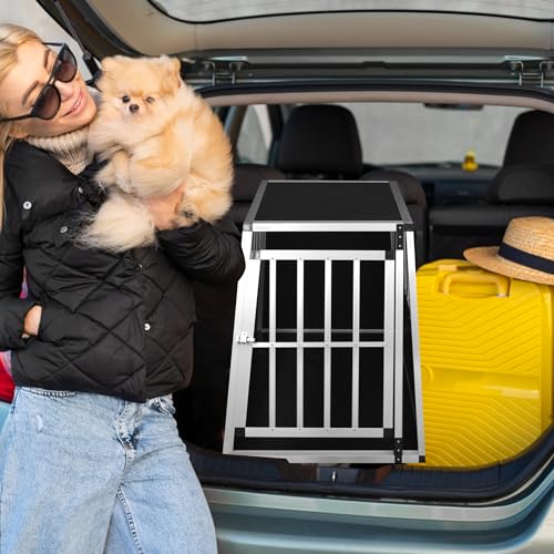 Defacto Hundetransportbox Alu Hundebox Reisebox Autobox Gittertür abschließbar Aluminium Transportbox für Hunde Tiertransportbox (Silber, (XL) 91X65X69 cm)