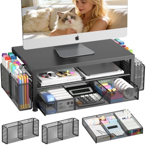 Image of OPNICE Desk Organizers and Accessories, Computer Monitor Stand Riser with Drawer and 2 Pen Holders, Printer & Laptop Stand, Office Desk Accessories & Workspace Organizers for Home Office Supplies, Metal Black