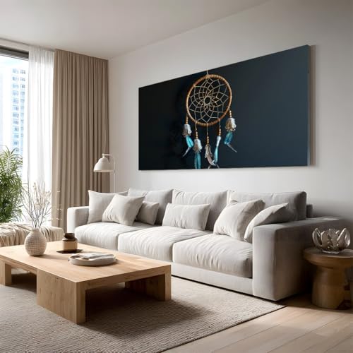 Générique Décoration Murale Salon Tableau Toile Indien AttrapeRêves Grand Impression 70x140 cm, Tableau Mural Tribal Plume Bleue Affiche Mural Traditionnel...