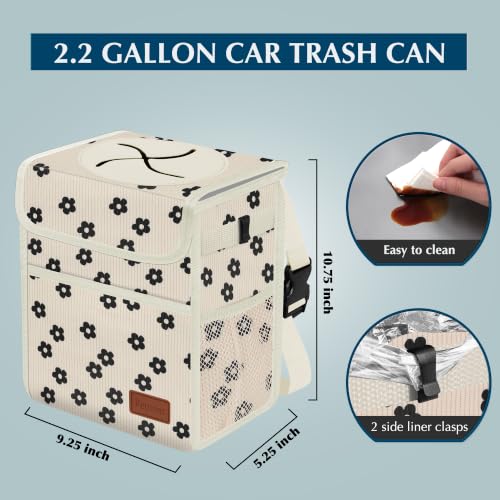 Image of Femuar Leak Proof Car Trash Can with Lid, Collapsible Hanging Waterproof Car Trash Bag with Mesh Pocket for SUV Front Seat Headrest, Beige Flower